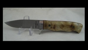 Custom handmade knife, hand rubbed ATS34 with quilted maple handle and stainless guard
