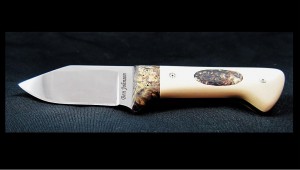 Custom handmade knife, hand rubbed ATS34 with ivory micarta handle, stabilized box elder inlays and bolsterse