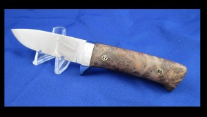 Custom handmade knife, mirror polished 440C with redwood lace burl handle and stainless guard