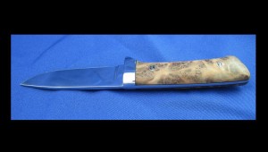 Custom handmade knife, mirror polished 440C with redwood lace burl handle and stainless guard